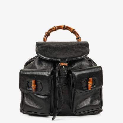 Gucci Vintage Bamboo Rucksack aus schwarzem Leder