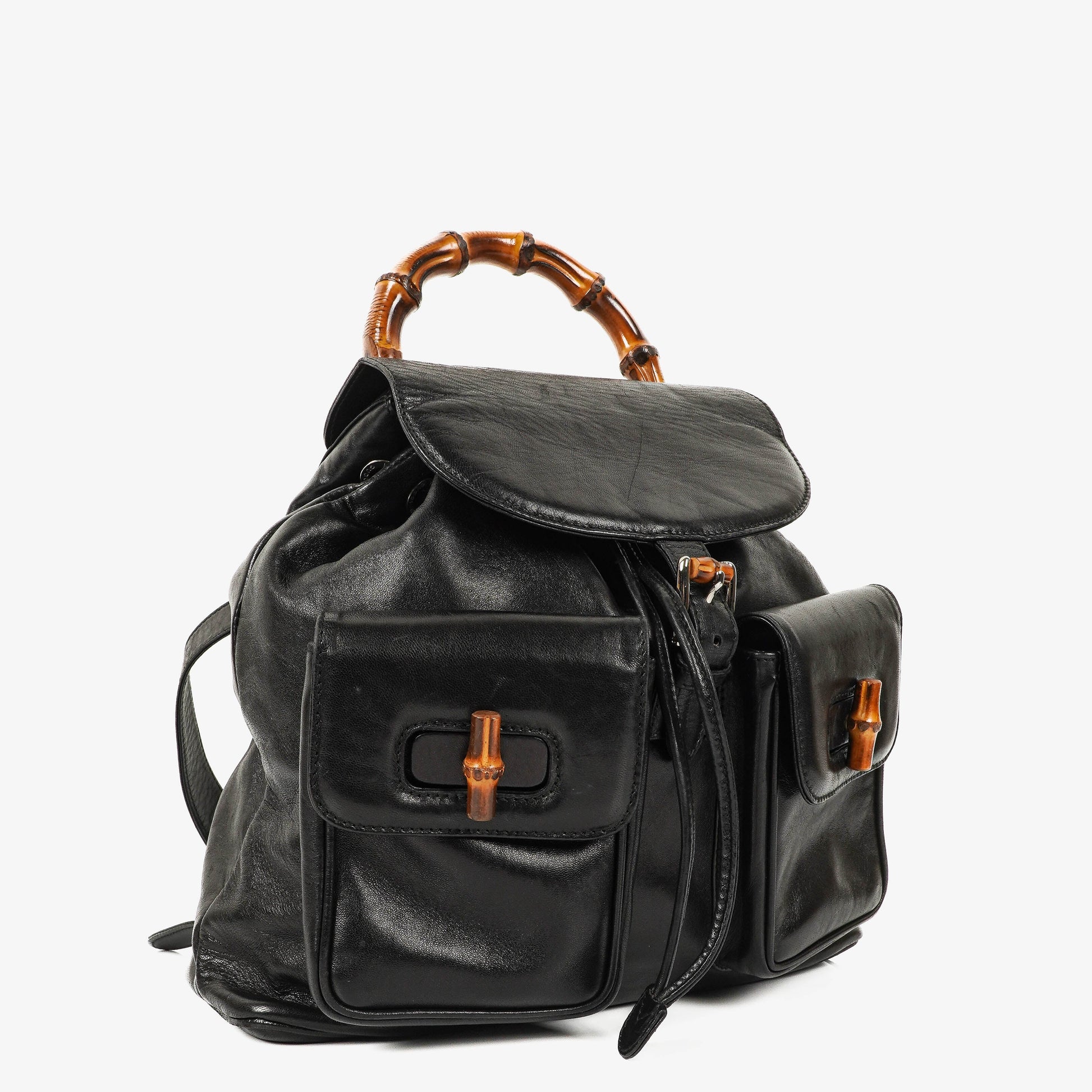 Gucci Vintage Bamboo Rucksack aus schwarzem Leder