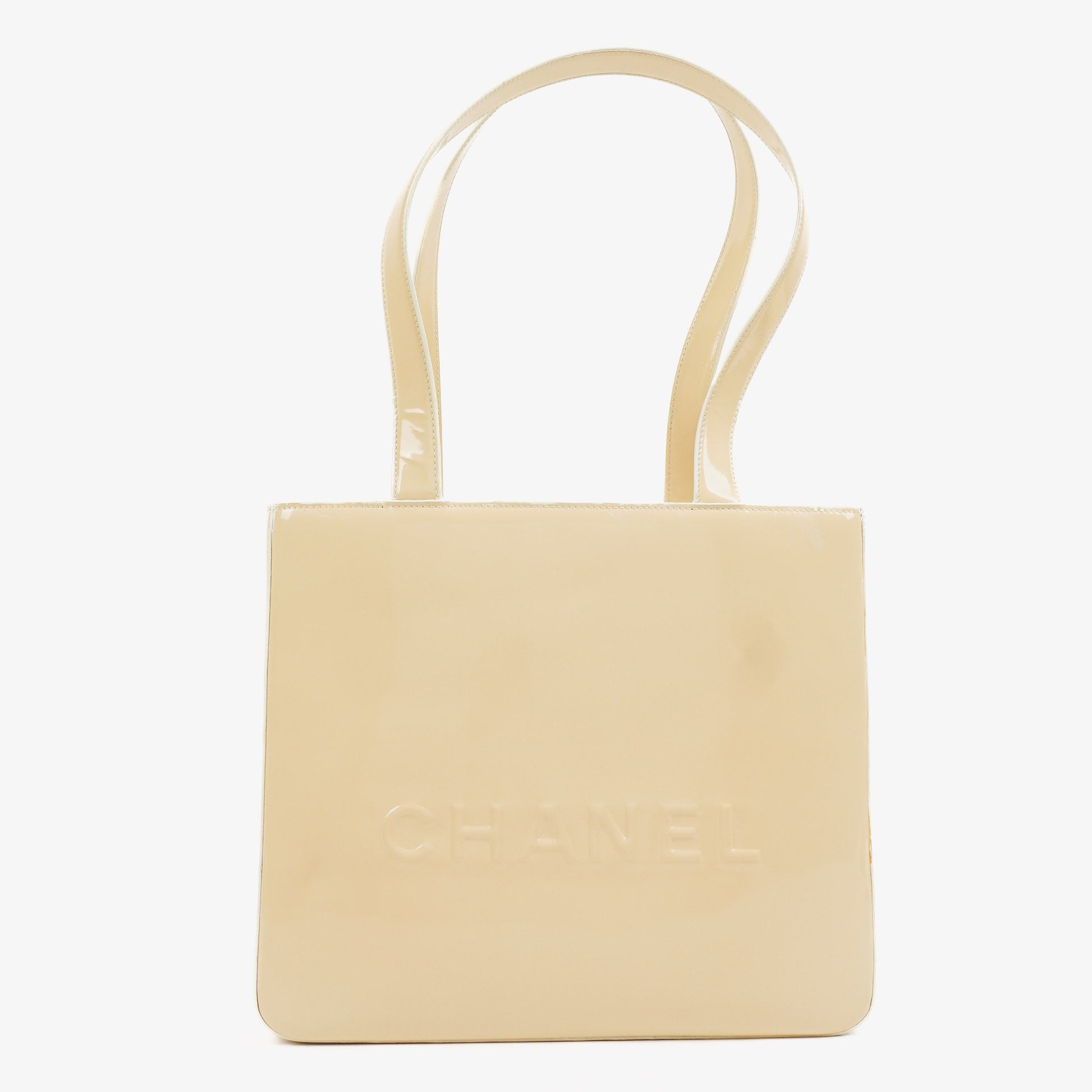 Chanel Vintage CC Tote Schultertasche aus beigem Lackleder