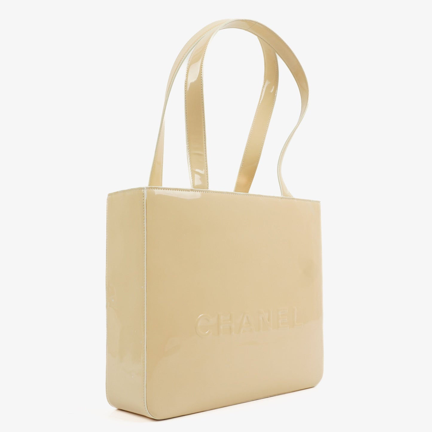 Chanel Vintage CC Tote Schultertasche aus beigem Lackleder