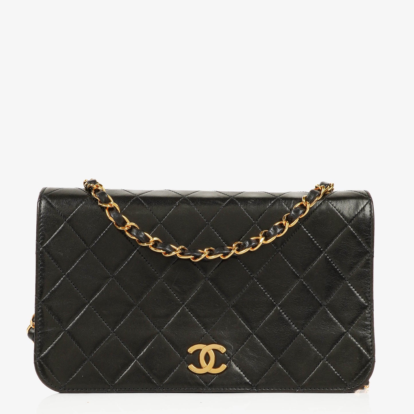 Chanel Classic Full Flap Bag aus schwarzem gestepptem Lammleder mit 24K vergoldeter Hardware