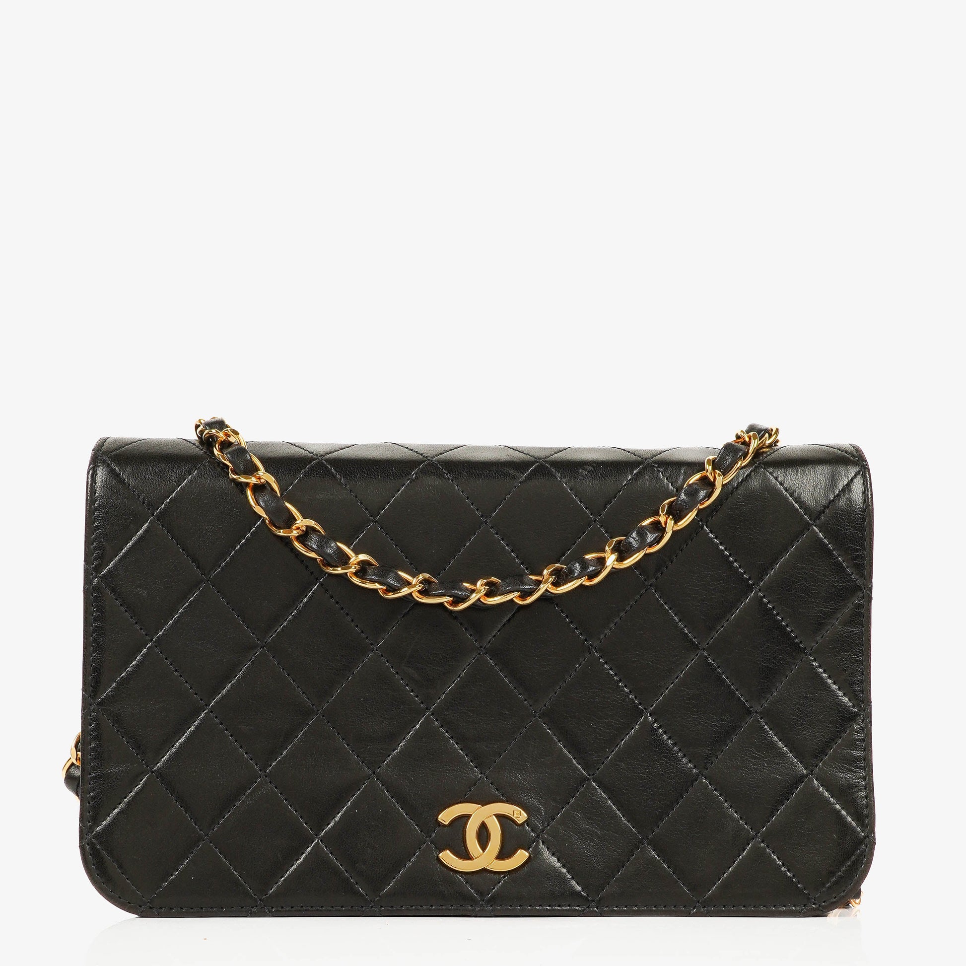 Chanel Classic Full Flap Bag aus schwarzem gestepptem Lammleder mit 24K vergoldeter Hardware