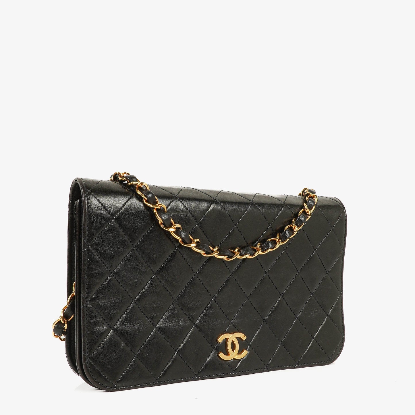 Chanel Classic Full Flap Bag aus schwarzem gestepptem Lammleder mit 24K vergoldeter Hardware