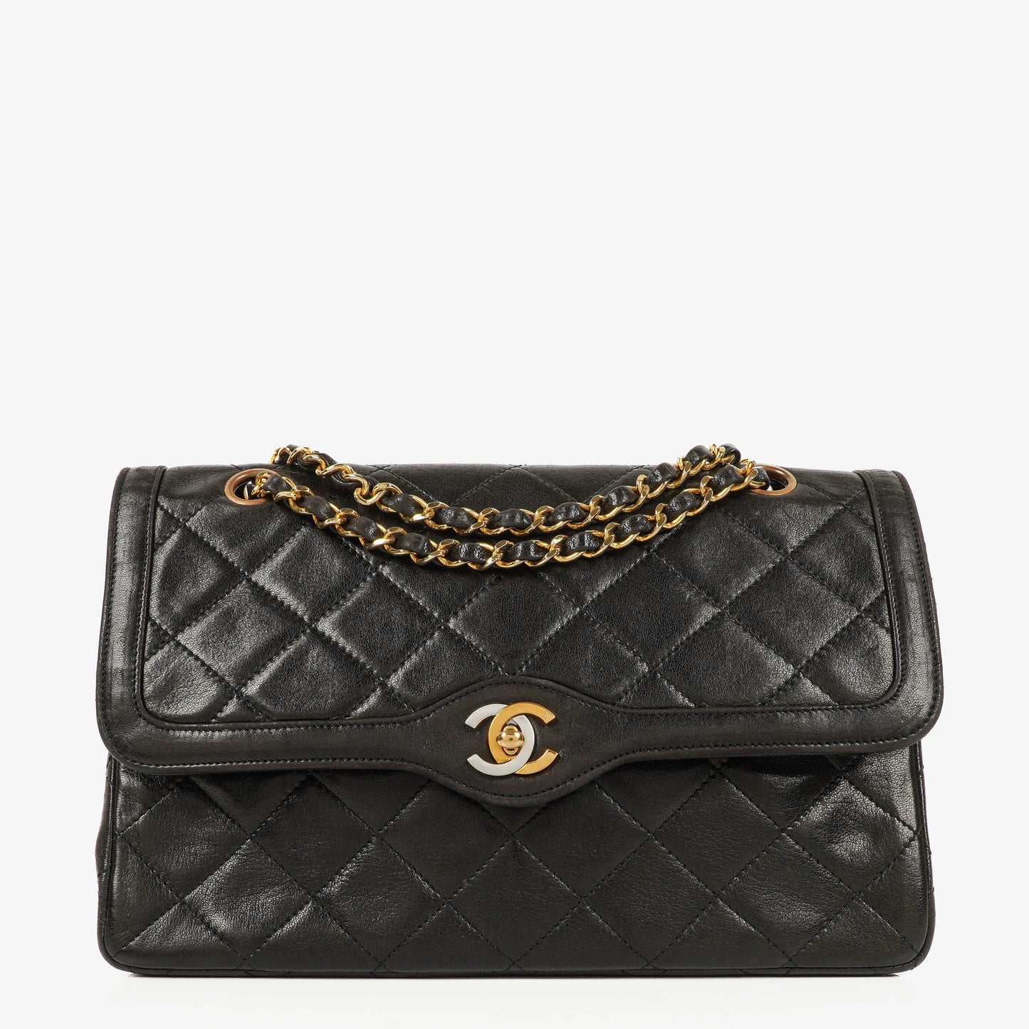 Chanel Paris Classic Medium Double Flap Bag aus schwarzem gestepptem Lammleder mit gold- und silberfarbener Combo-Hardware