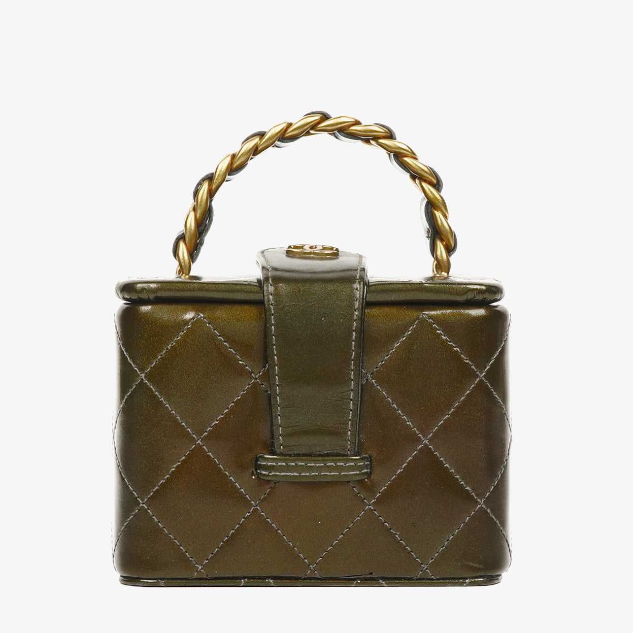 CHANEL CC Vanity Case aus olivgrünem schillerndem gestepptem Lackleder