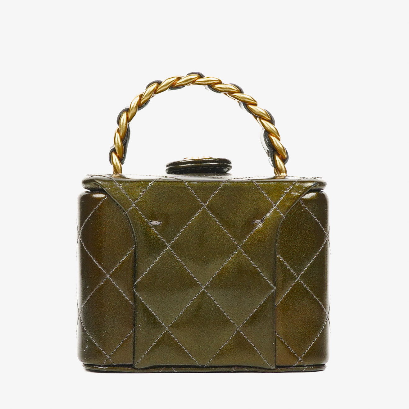 CHANEL CC Vanity Case aus olivgrünem schillerndem gestepptem Lackleder