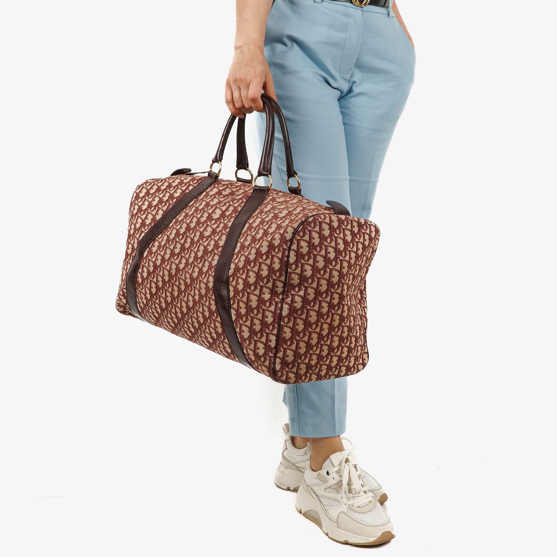 Christian Dior Vintage Boston Bag aus beigem/burgunderfarbenem Trotter