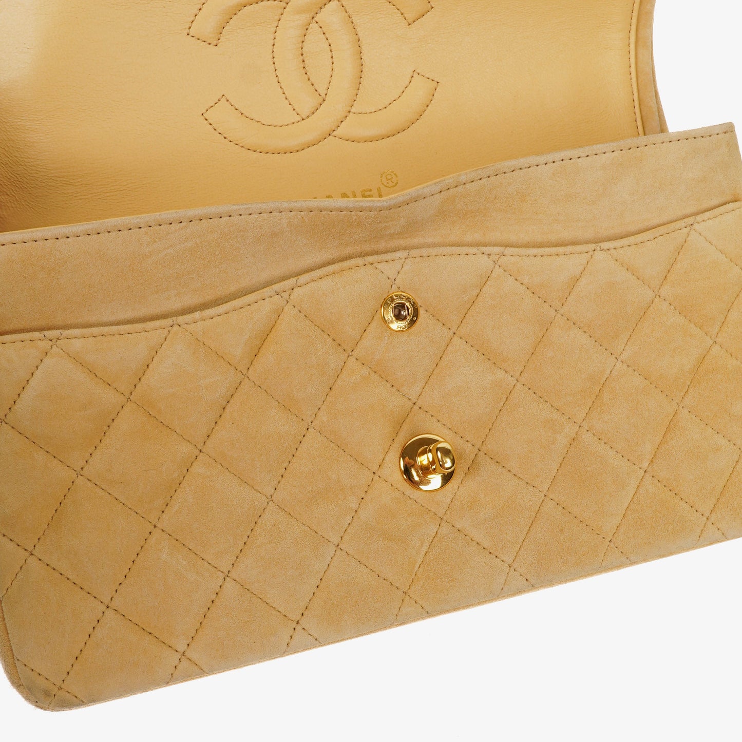 Chanel Medium Classic Vintage Double Flap Tasche aus beigem Wildleder mit 24K vergoldeten Beschlägen