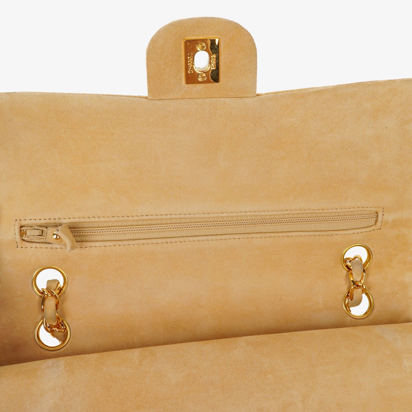 Chanel Medium Classic Vintage Double Flap Tasche aus beigem Wildleder mit 24K vergoldeten Beschlägen