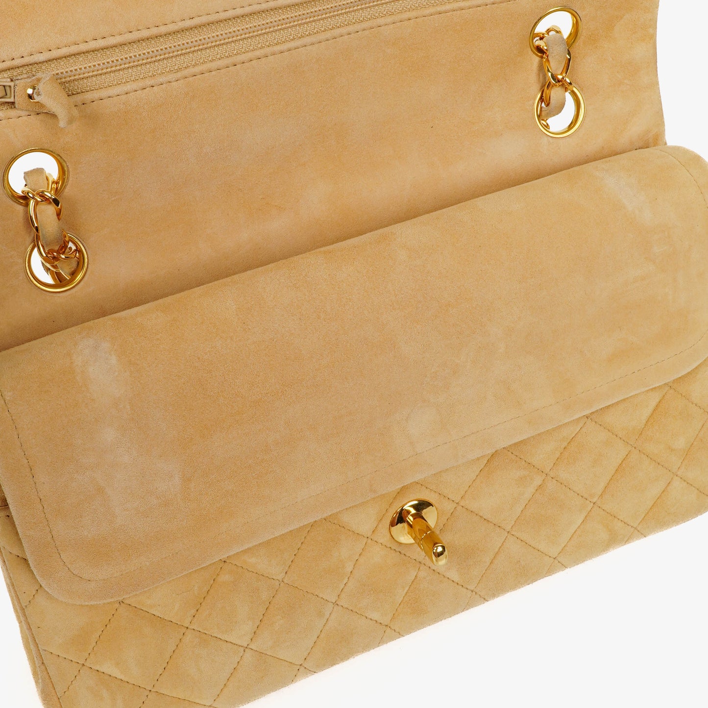 Chanel Medium Classic Vintage Double Flap Tasche aus beigem Wildleder mit 24K vergoldeten Beschlägen
