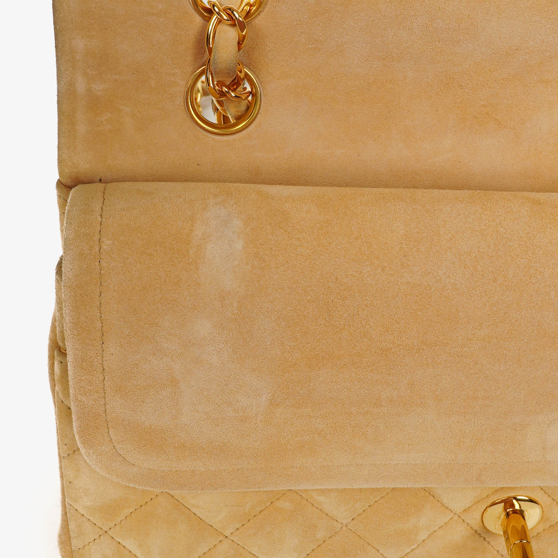Chanel Medium Classic Vintage Double Flap Tasche aus beigem Wildleder mit 24K vergoldeten Beschlägen