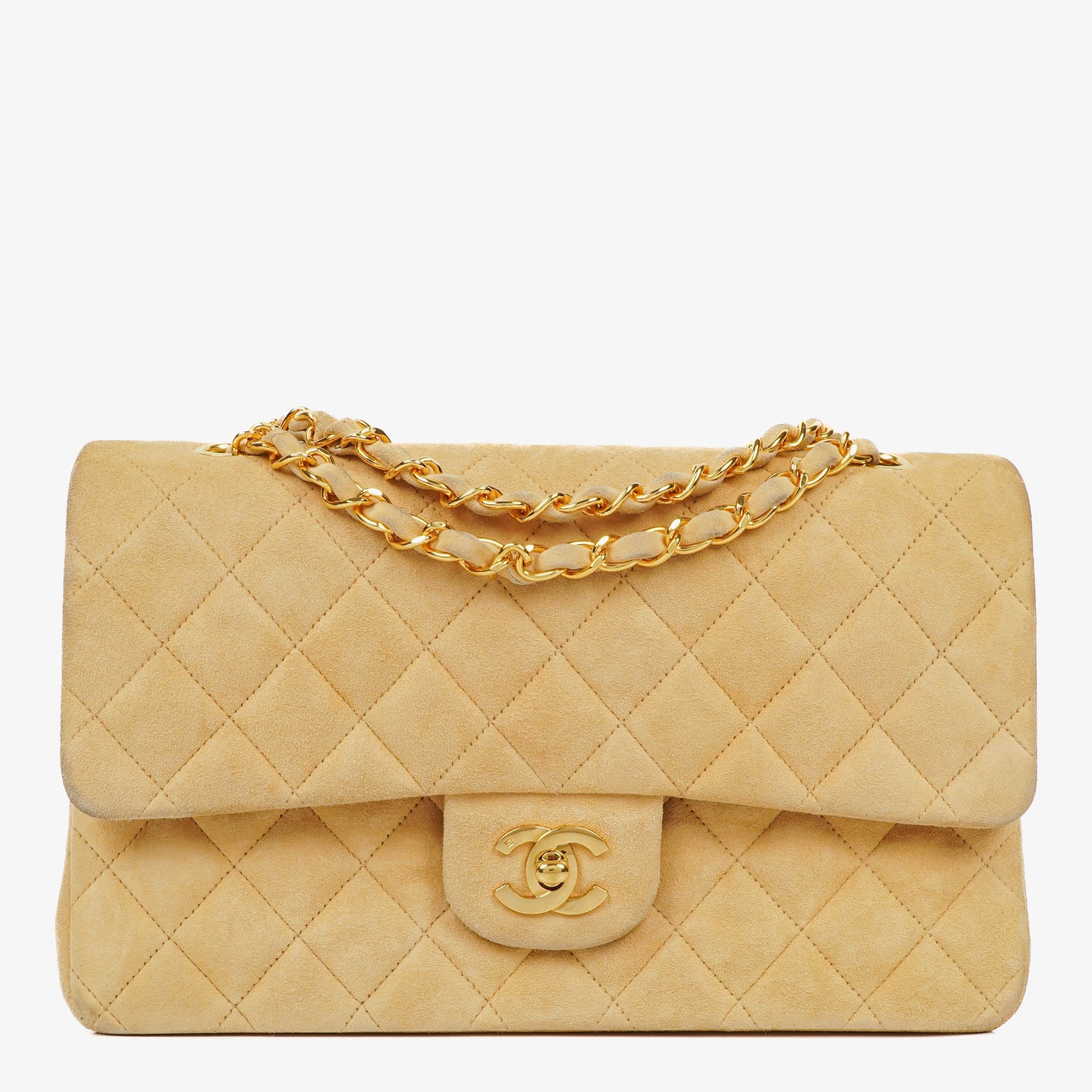 Chanel Medium Classic Vintage Double Flap Tasche aus beigem Wildleder mit 24K vergoldeten Beschlägen