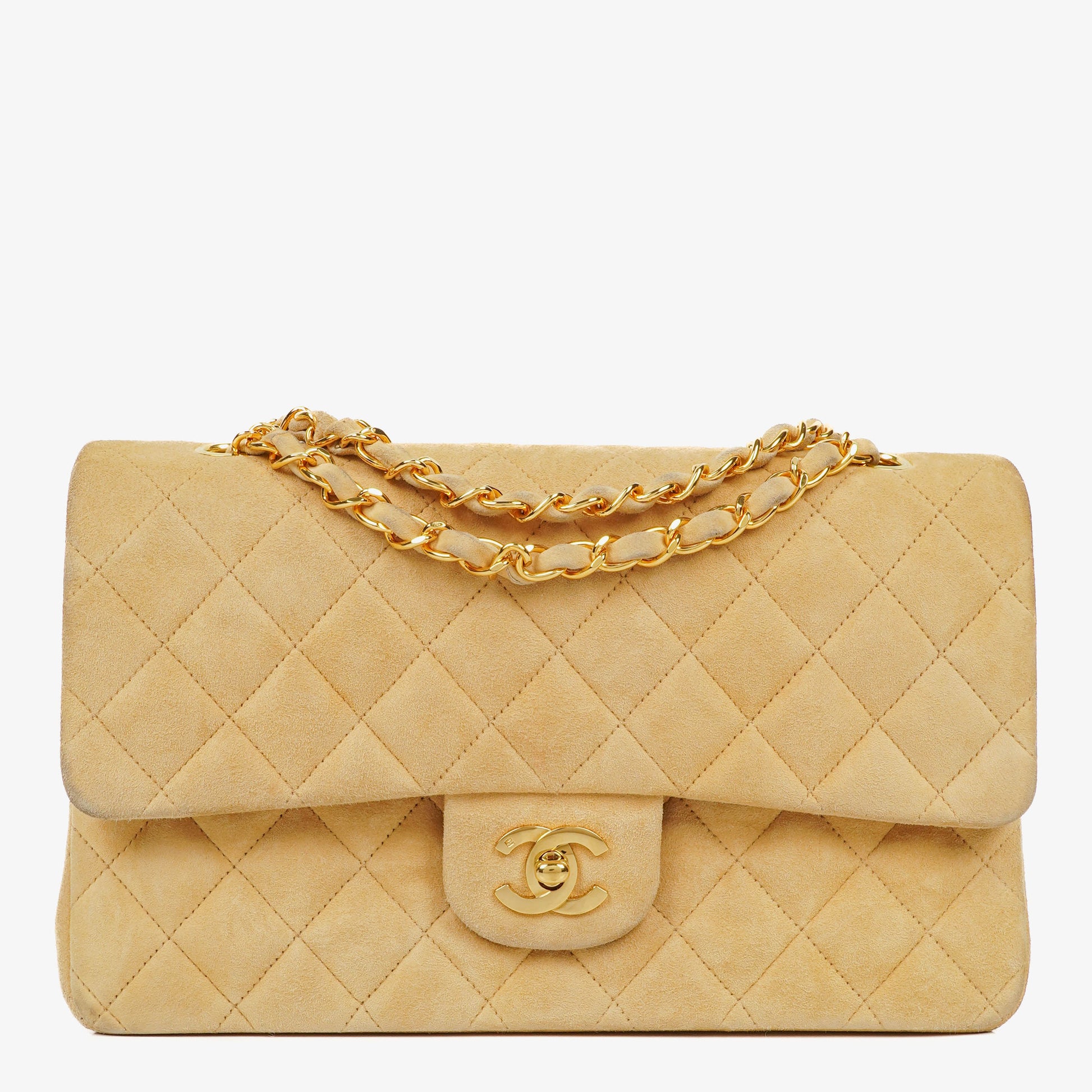 Chanel Medium Classic Vintage Double Flap Tasche aus beigem Wildleder mit 24K vergoldeten Beschlägen