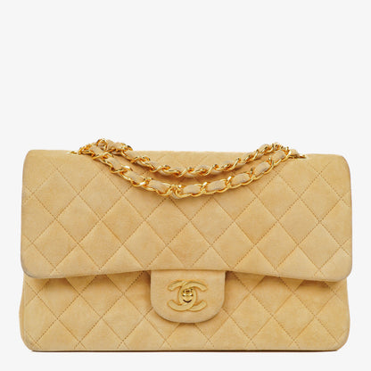 Chanel Medium Classic Vintage Double Flap Tasche aus beigem Wildleder mit 24K vergoldeten Beschlägen