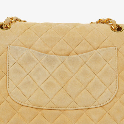 Chanel Medium Classic Vintage Double Flap Tasche aus beigem Wildleder mit 24K vergoldeten Beschlägen
