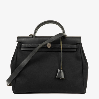 Hermès Herbag PM 2-Wege-Tasche aus Vache Hunter Noir und Canvas mit Palladium-Hardware