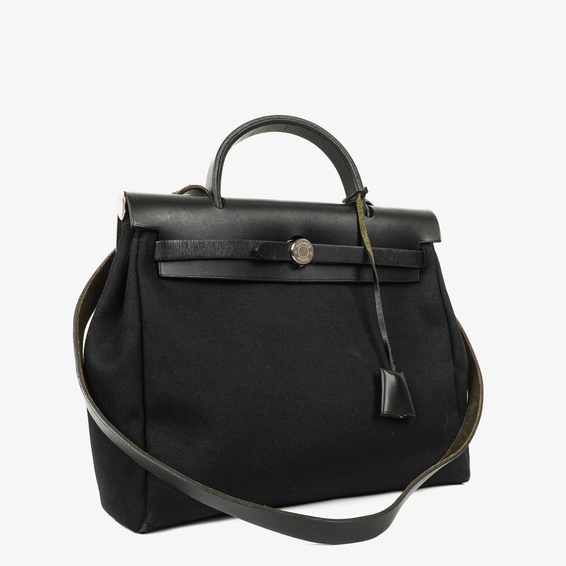 Hermès Herbag PM 2-Wege-Tasche aus Vache Hunter Noir und Canvas mit Palladium-Hardware