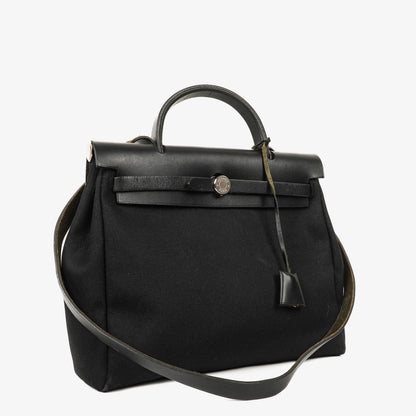 Hermès Herbag PM 2-Wege-Tasche aus Vache Hunter Noir und Canvas mit Palladium-Hardware