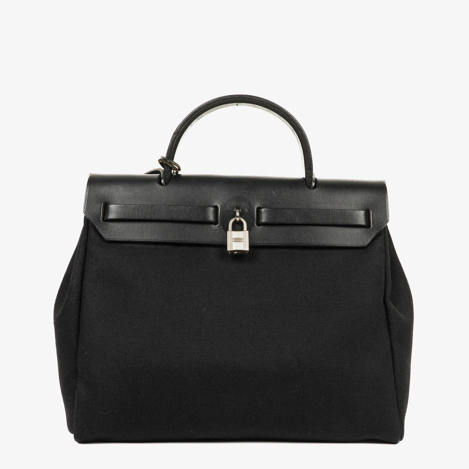 Hermès Herbag PM 2-Wege-Tasche aus Vache Hunter Noir und Canvas mit Palladium-Hardware