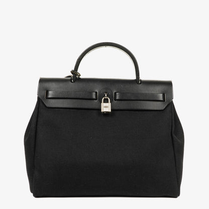 Hermès Herbag PM 2-Wege-Tasche aus Vache Hunter Noir und Canvas mit Palladium-Hardware