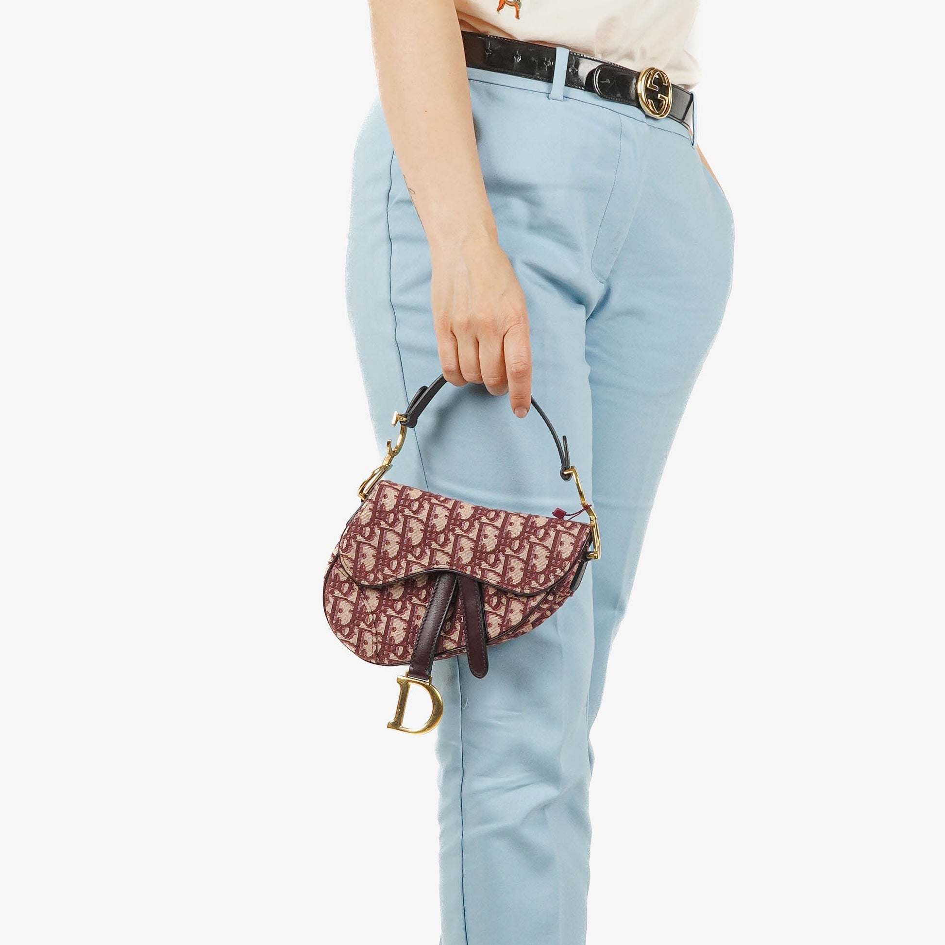 Christian Dior kleine Saddle Bag aus beigem/burgunderfarbenem Trotter