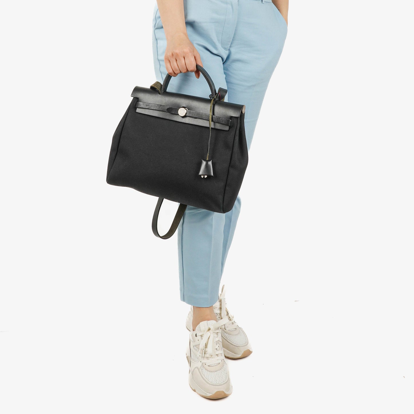 Hermès Herbag PM 2-Wege-Tasche aus Vache Hunter Noir und Canvas mit Palladium-Hardware