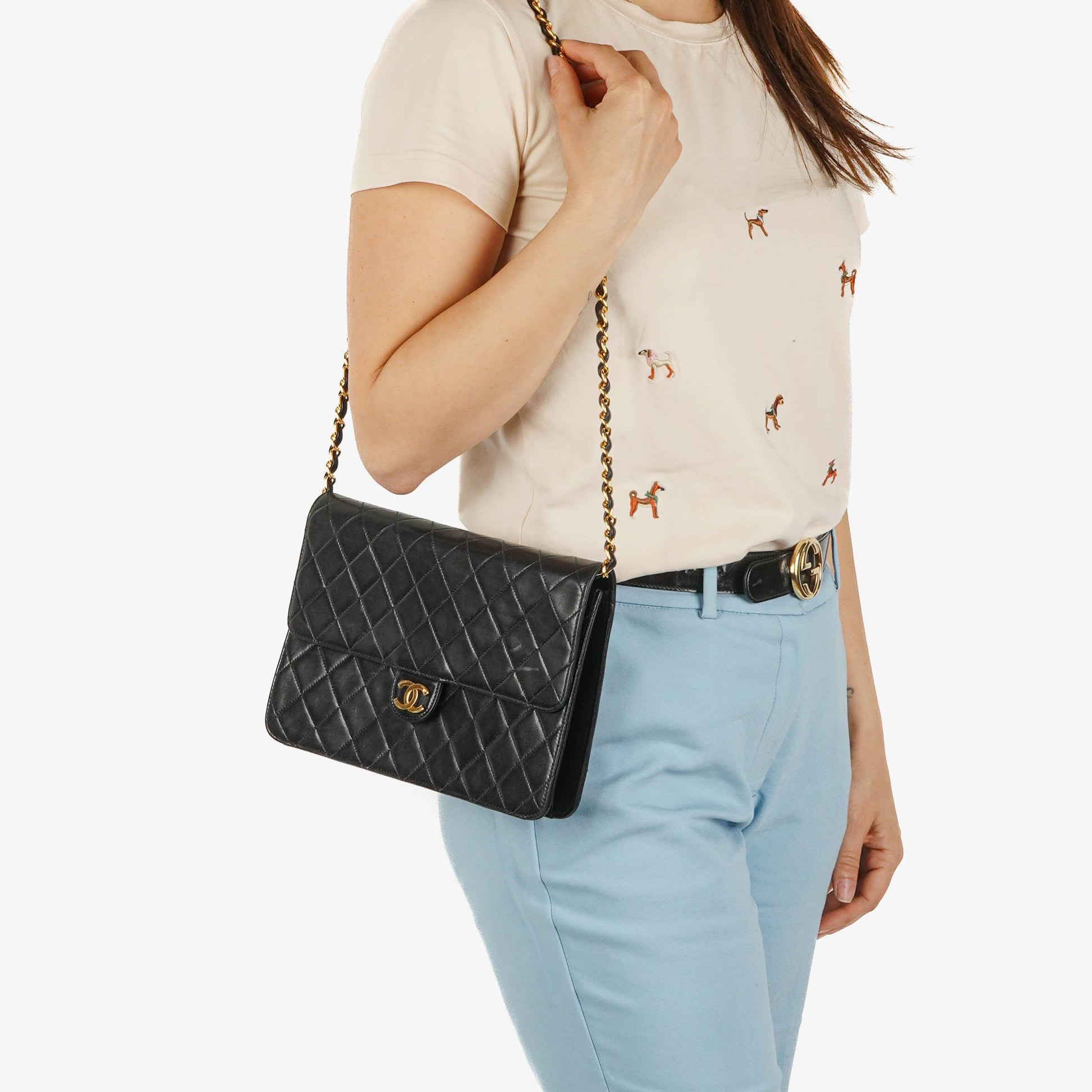Chanel Classic Single Flap Bag aus gestepptem Lammleder mit 24K vergoldeter Hardware