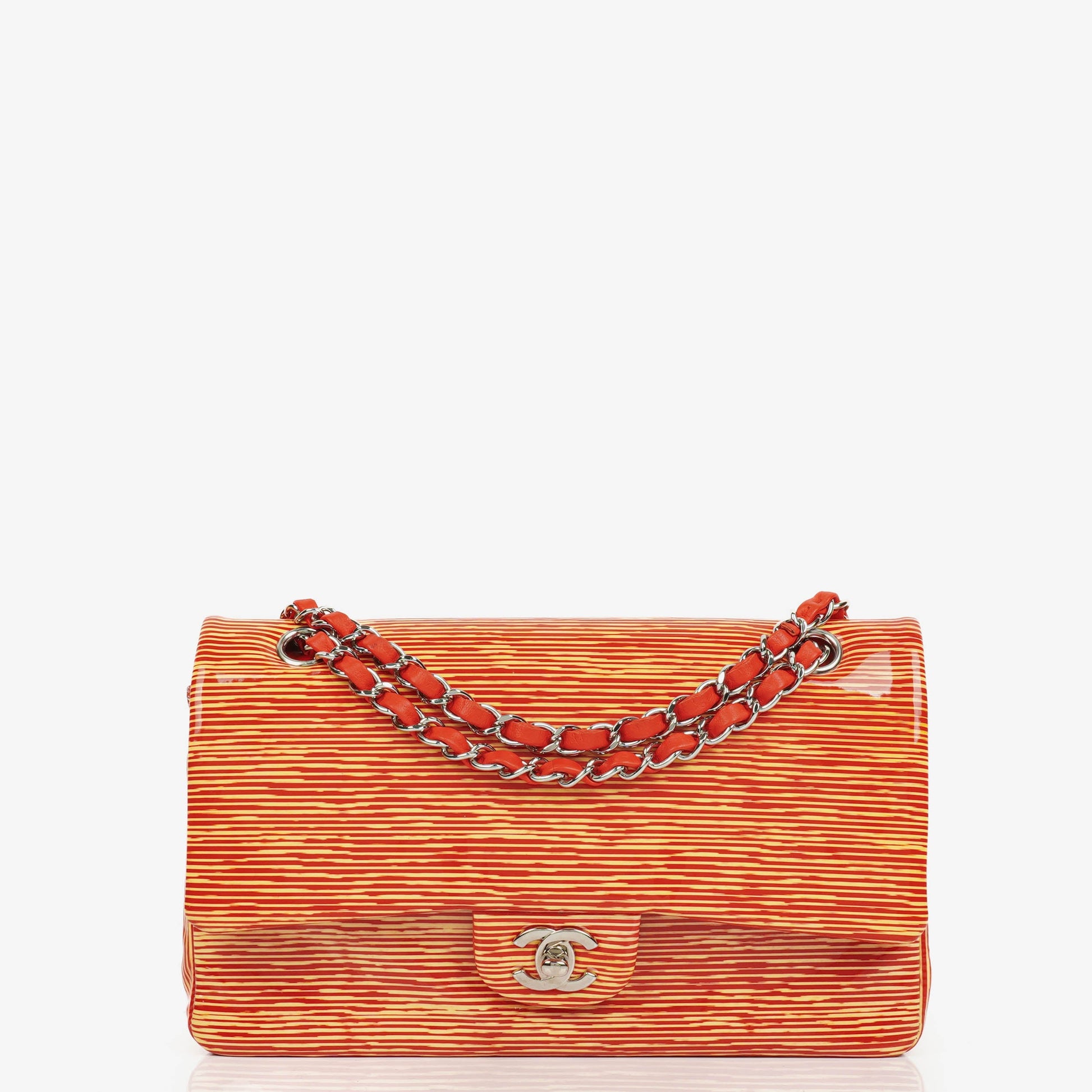Chanel Timeless Classic Double Flap Tasche aus rot und gelb gestreiftem Lackleder mit silberfarbenen Details