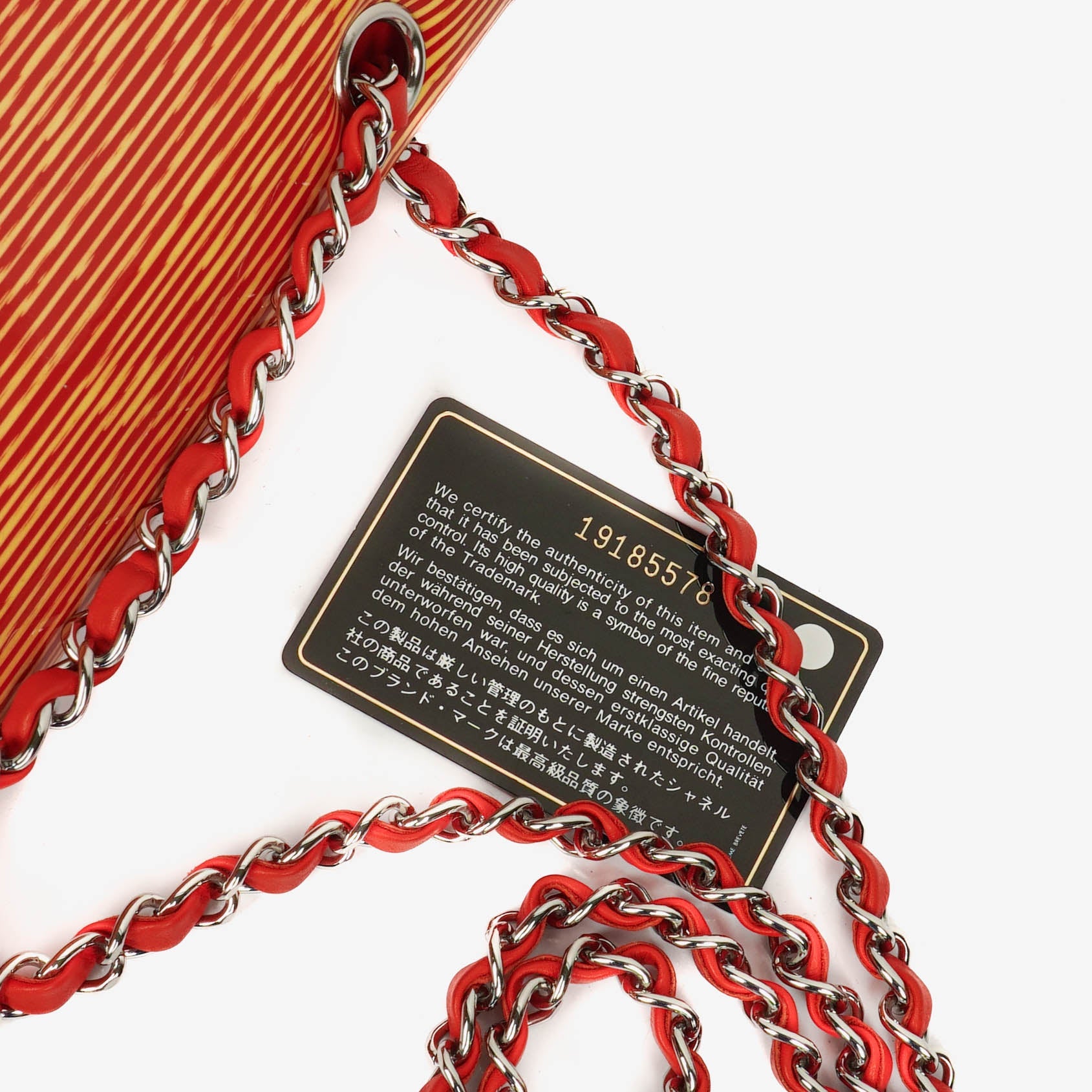 Chanel Timeless Classic Double Flap Tasche aus rot und gelb gestreiftem Lackleder mit silberfarbenen Details