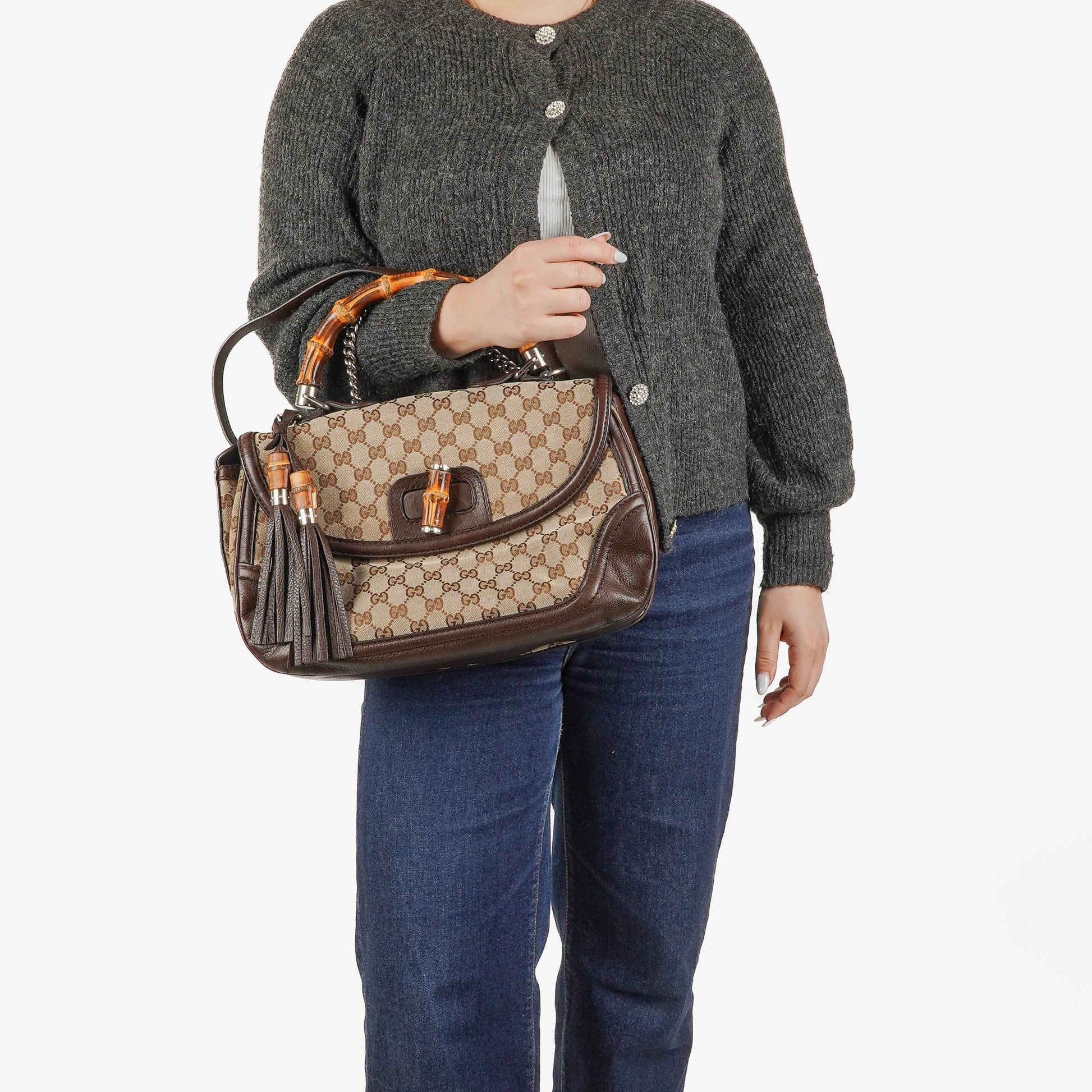 Gucci New Bamboo Top Handle Beige/Ebony GG Canvas und Leder Tasche