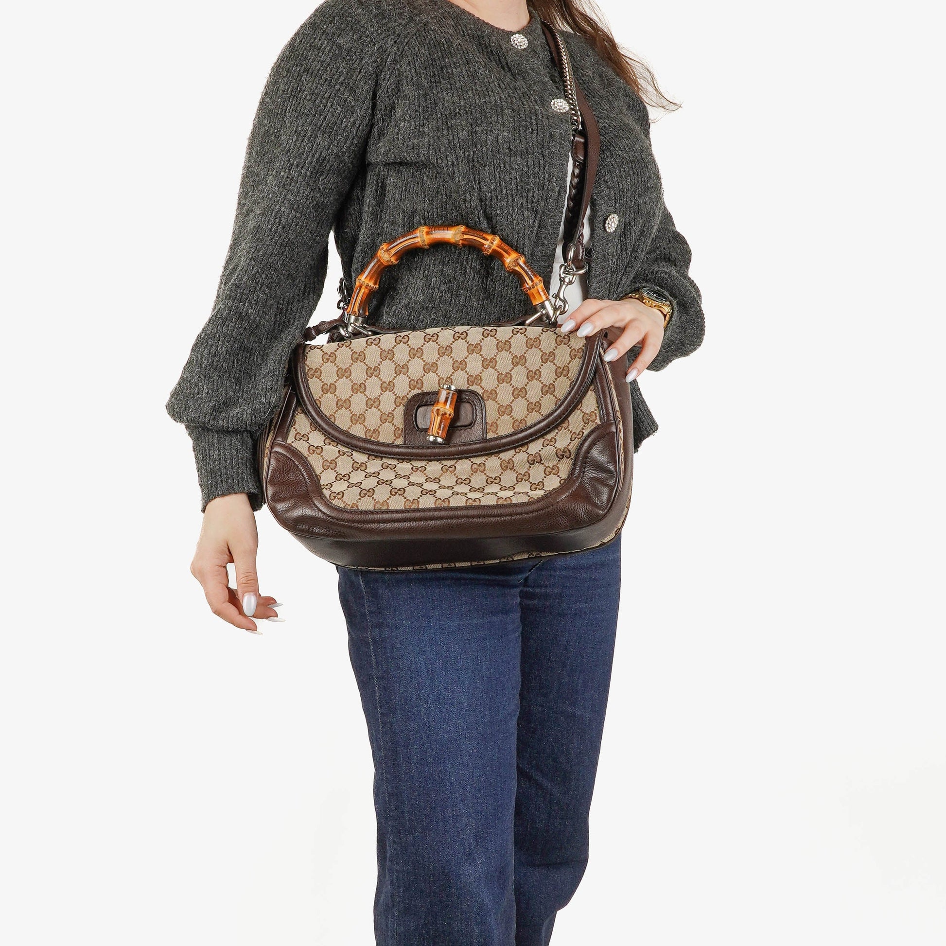 Gucci New Bamboo Top Handle Beige/Ebony GG Canvas und Leder Tasche