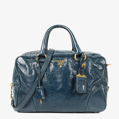 Prada Bauletto Vitello Denim Blue Shine Leder-Tasche