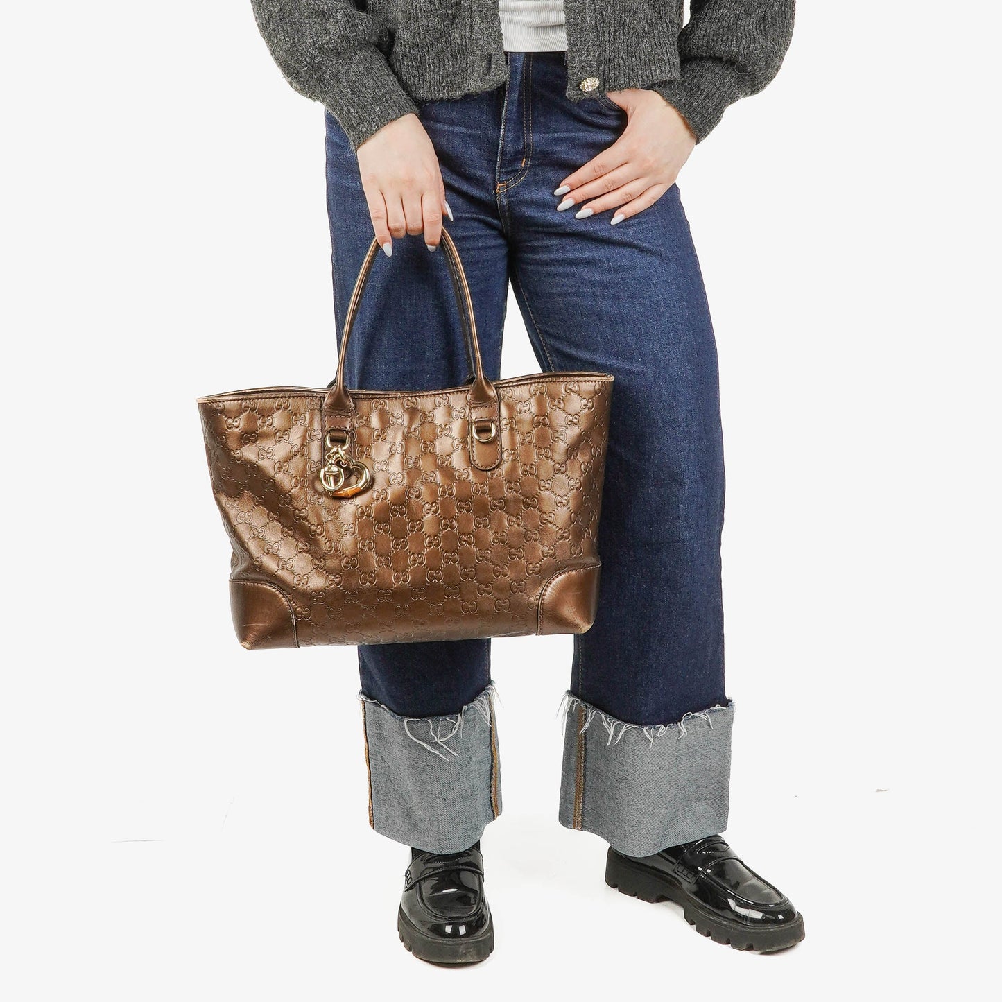 Gucci Guccissima Brown Metallic Leder Heart-Bit Top Handle Tote Bag
