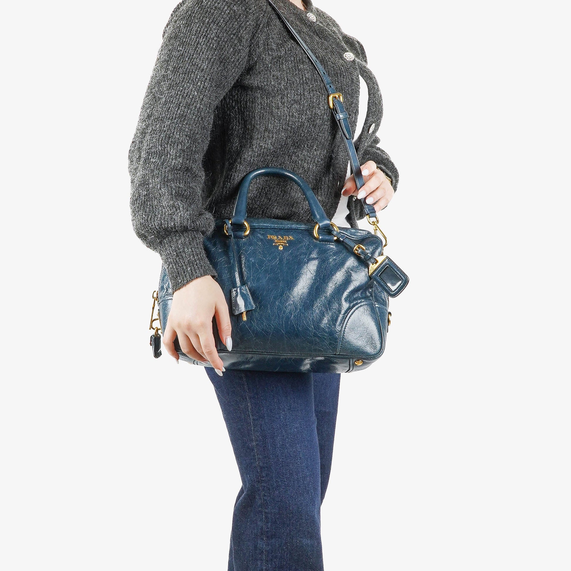 Prada Bauletto Vitello Denim Blue Shine Leder-Tasche