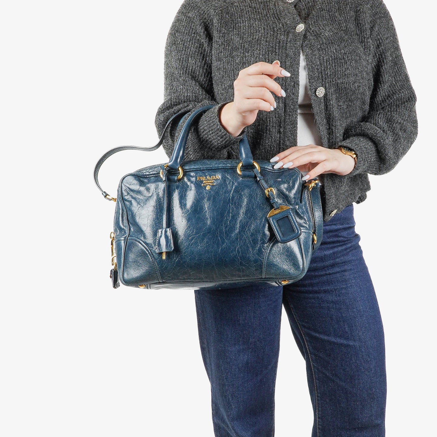 Prada Bauletto Vitello Denim Blue Shine Leder-Tasche