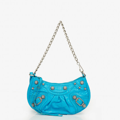 Balenciaga Crystal Mini Le Cagole Geldbörse mit Kette aus cyanfarbenem extra weichem Kalbsleder mit Krokodilprägung