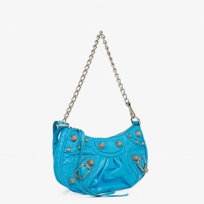 Balenciaga Crystal Mini Le Cagole Geldbörse mit Kette aus cyanfarbenem extra weichem Kalbsleder mit Krokodilprägung
