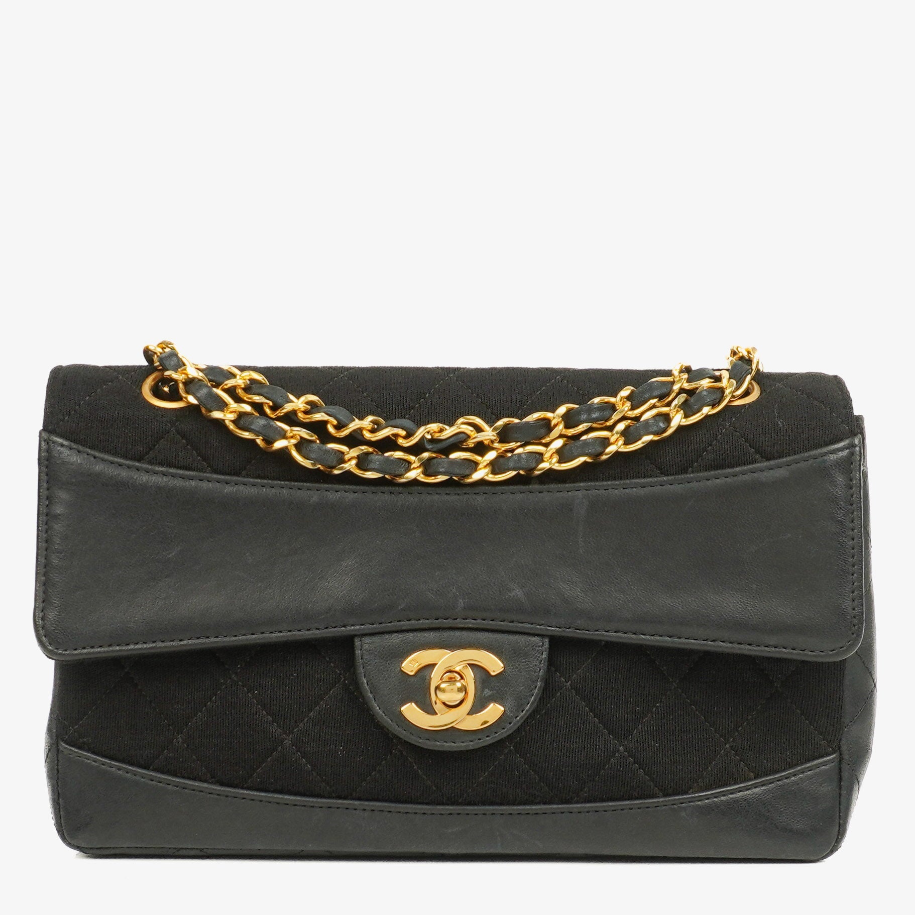 Chanel Medium Classic Vintage Single Flap Tasche aus gestepptem Lammleder und Jersey mit 24K vergoldeter Hardware