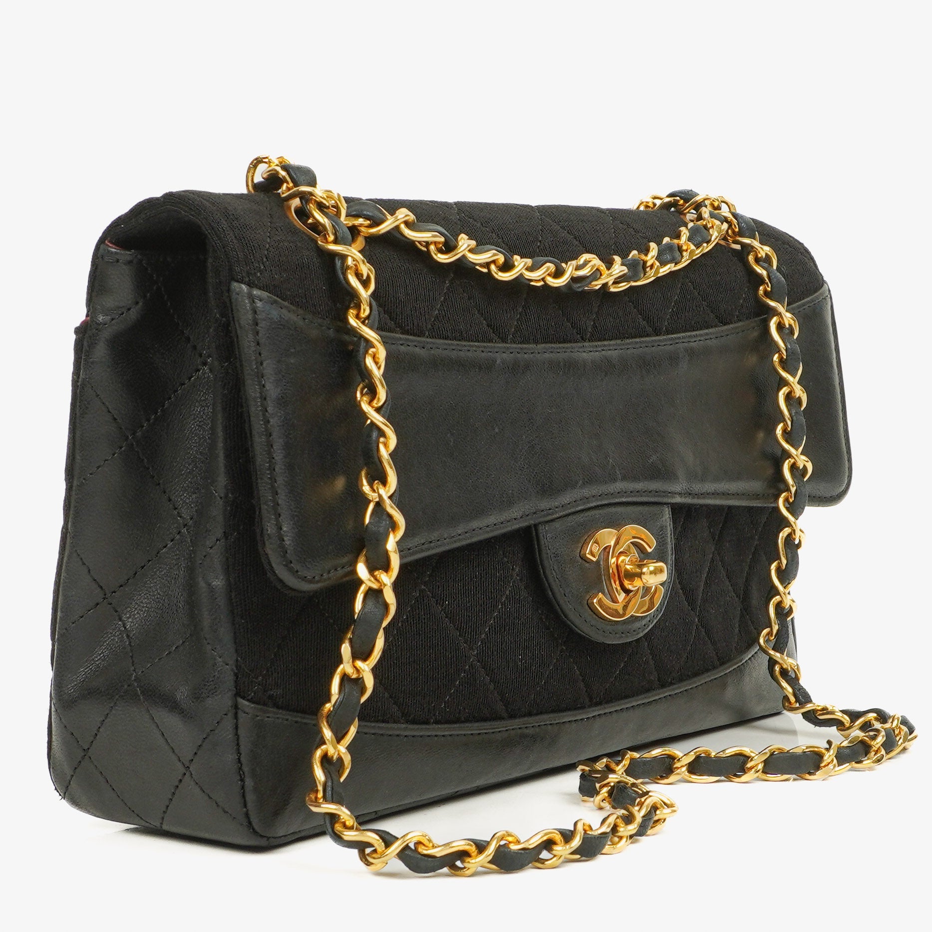 Chanel Medium Classic Vintage Single Flap Tasche aus gestepptem Lammleder und Jersey mit 24K vergoldeter Hardware