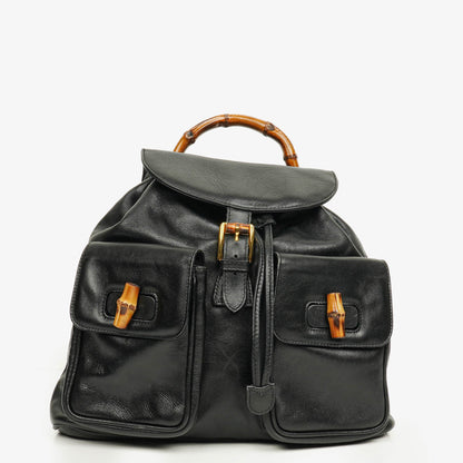 Gucci Vintage Bamboo Rucksack aus schwarzem Leder