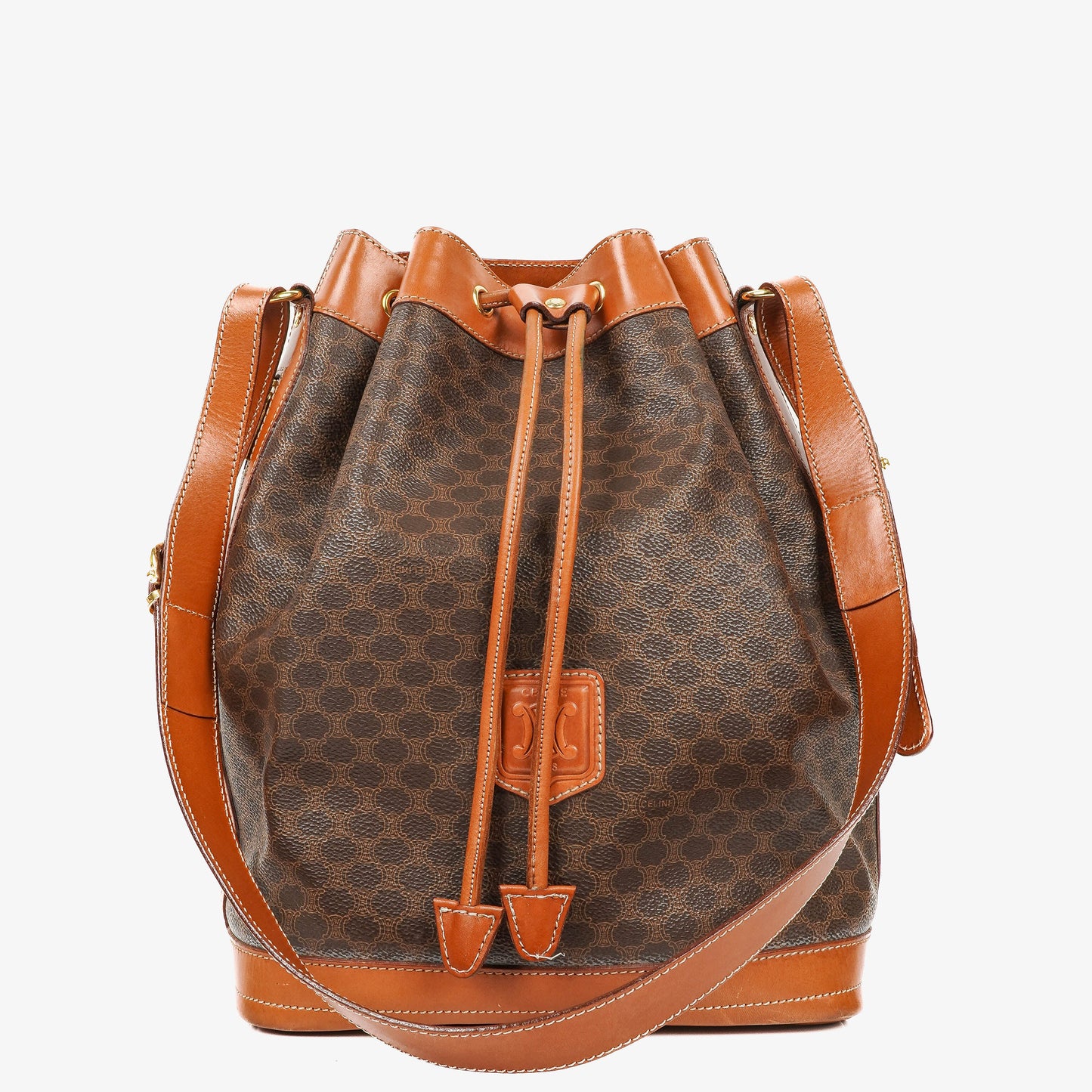 CELINE Vintage Macadam Triomphe Beuteltasche mit Kordelzug in Braun