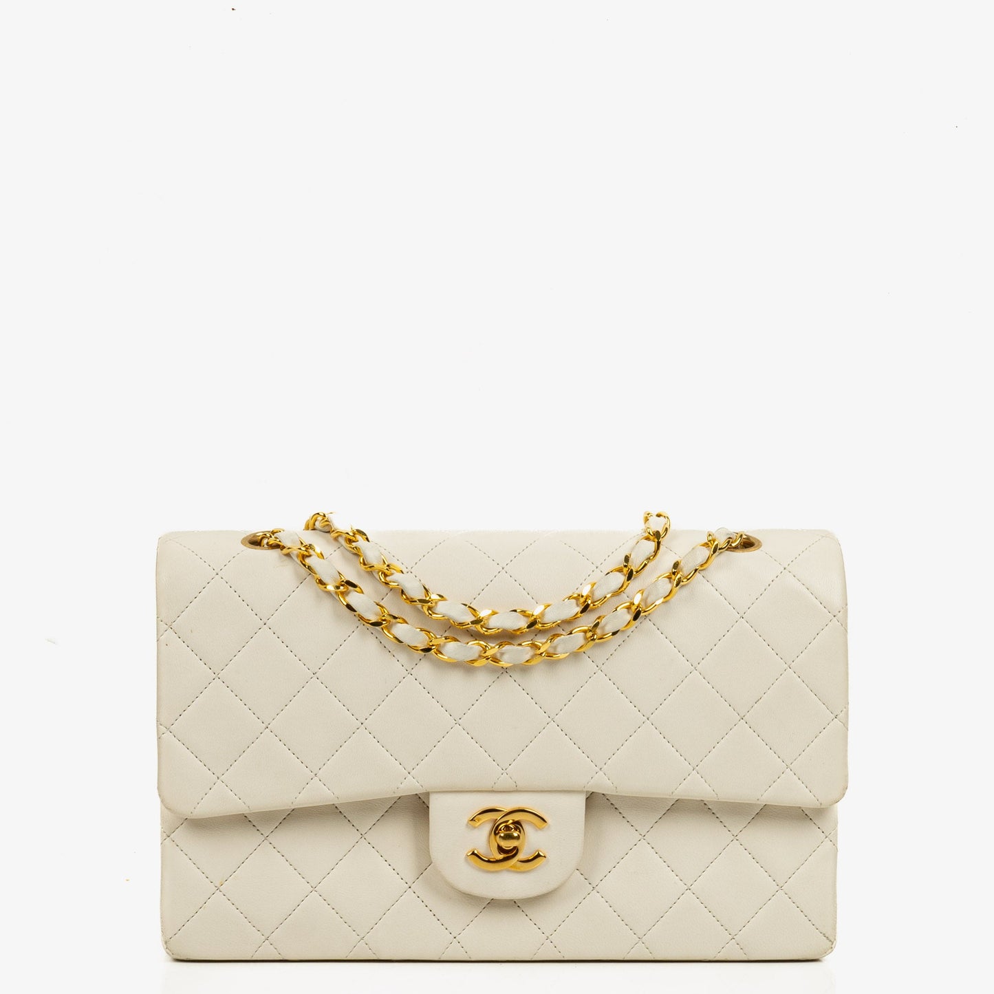 Chanel Medium Classic Vintage Double Flap Tasche aus weißem gestepptem Lammleder mit 24K-vergoldeter Hardware