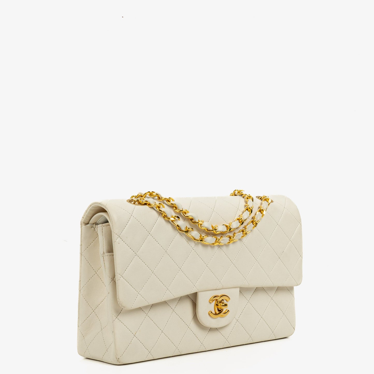 Chanel Medium Classic Vintage Double Flap Tasche aus weißem gestepptem Lammleder mit 24K-vergoldeter Hardware