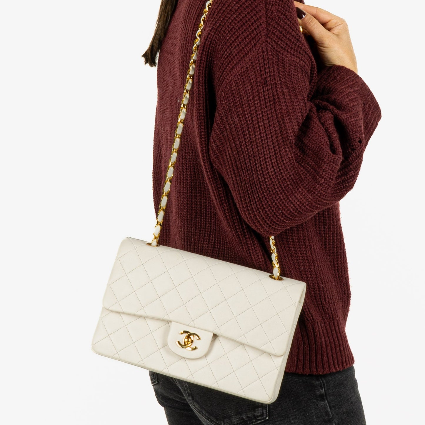 Chanel Medium Classic Vintage Double Flap Tasche aus weißem gestepptem Lammleder mit 24K-vergoldeter Hardware