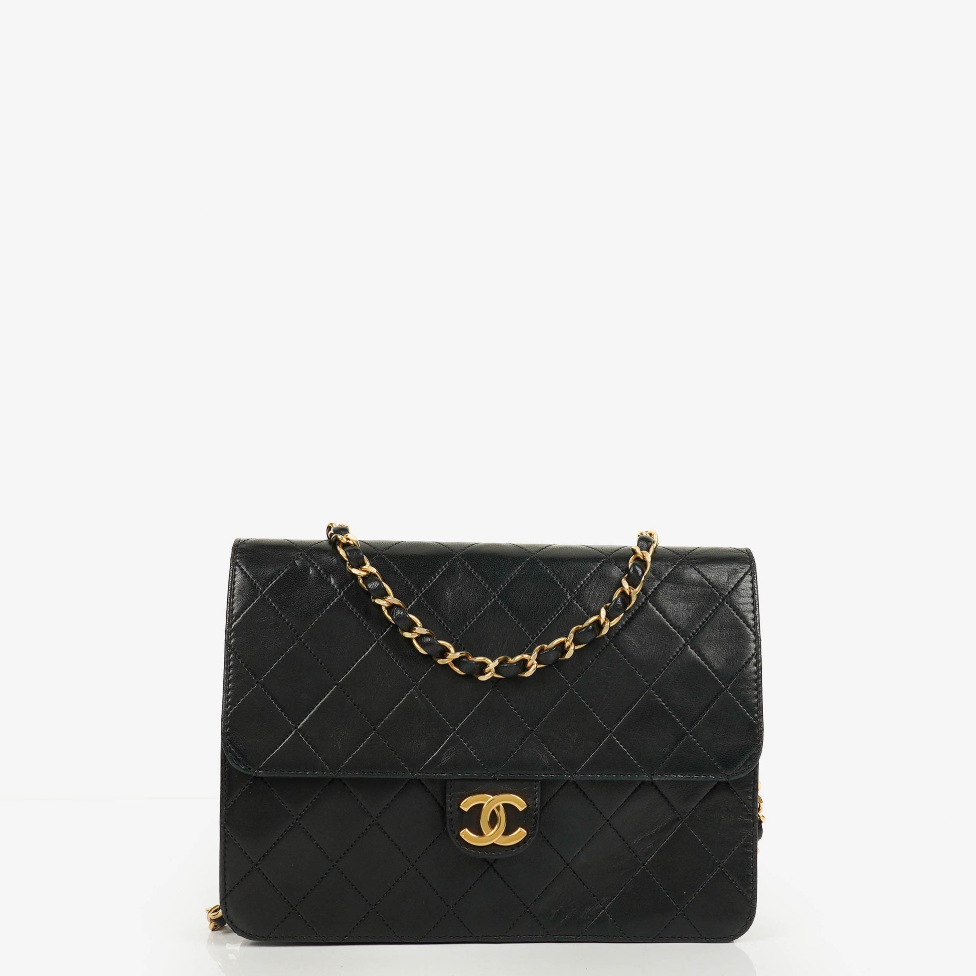Chanel Classic Single Flap Bag aus schwarzem gestepptem Lammleder mit 24K vergoldeter Hardware