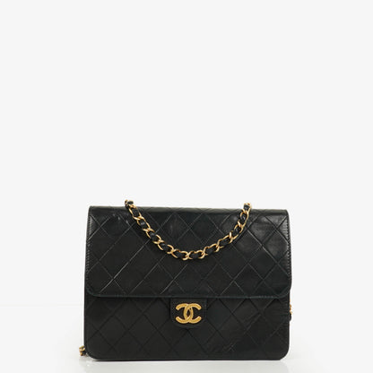 Chanel Classic Single Flap Bag aus schwarzem gestepptem Lammleder mit 24K vergoldeter Hardware