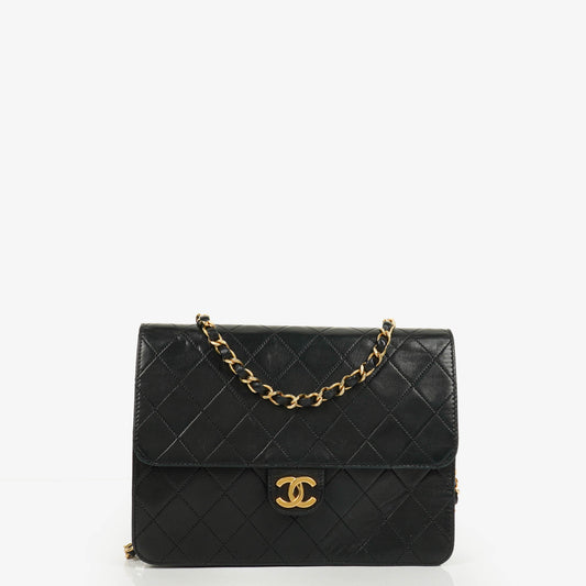 Chanel Classic Single Flap Bag aus schwarzem gestepptem Lammleder mit 24K vergoldeter Hardware