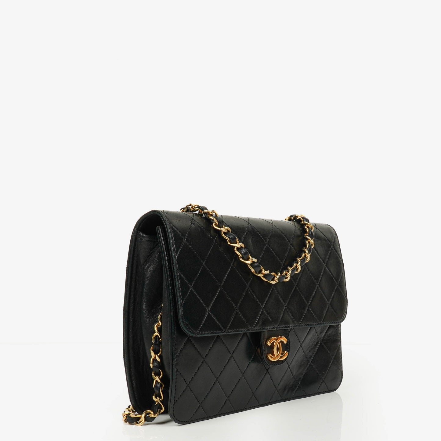 Chanel Classic Single Flap Bag aus schwarzem gestepptem Lammleder mit 24K vergoldeter Hardware
