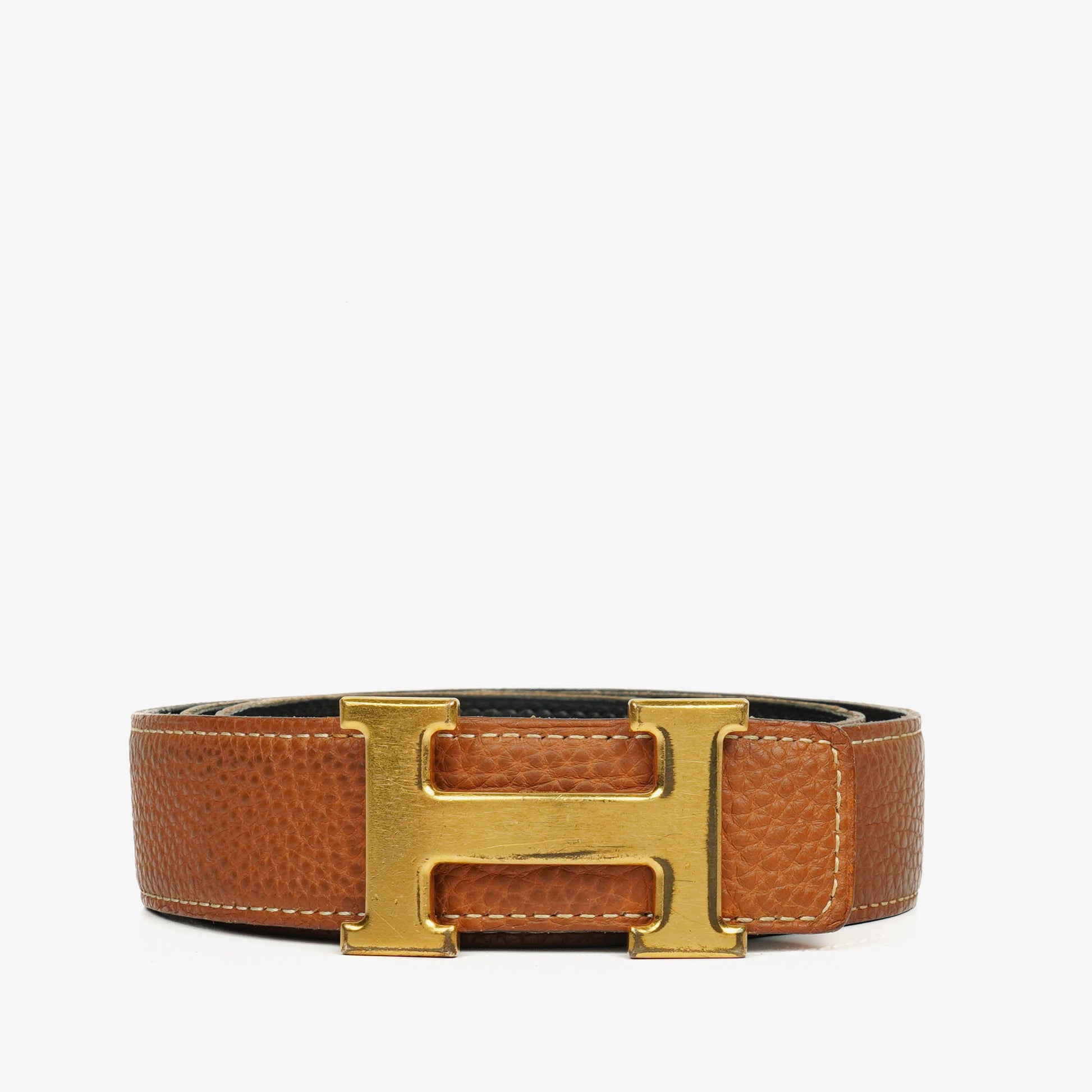 Hermès H Gürtel 30 mm aus schwarzem Togo-Leder mit goldfarbener Hardware, Größe 85