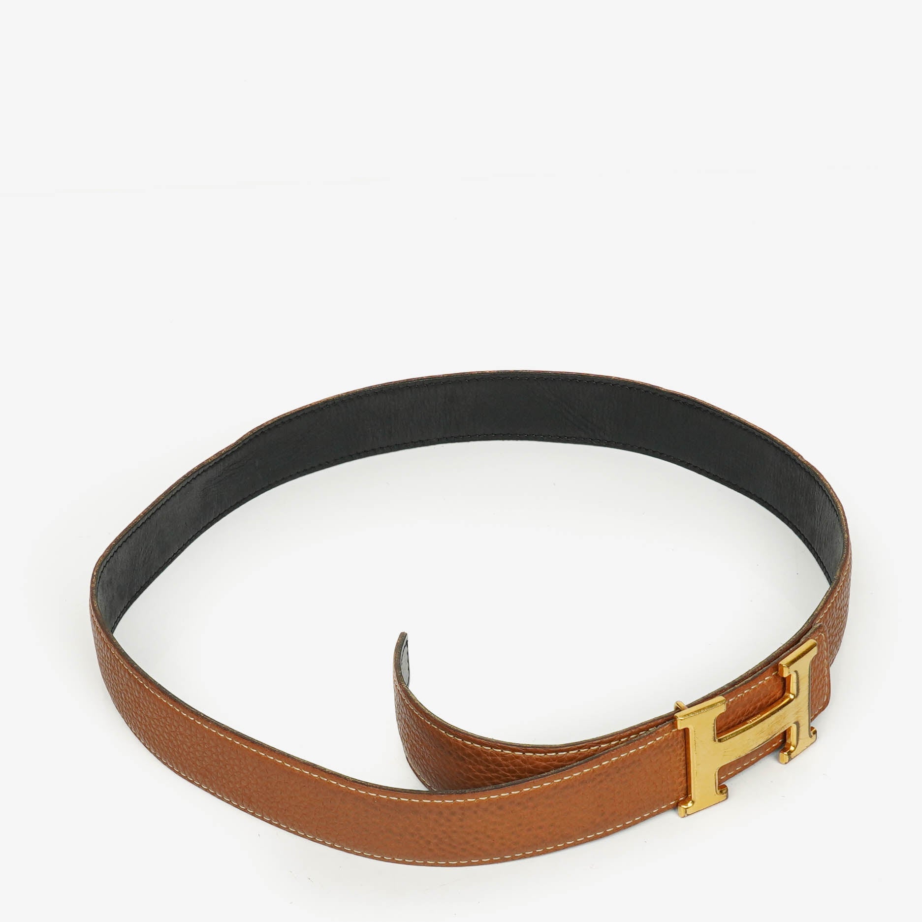 Hermès H Gürtel 30 mm aus schwarzem Togo-Leder mit goldfarbener Hardware, Größe 85